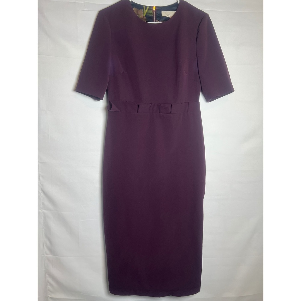 Ted Baker London Burgundy Bow Waist Sheath Midi Dress Rose Gold Zip Size 2